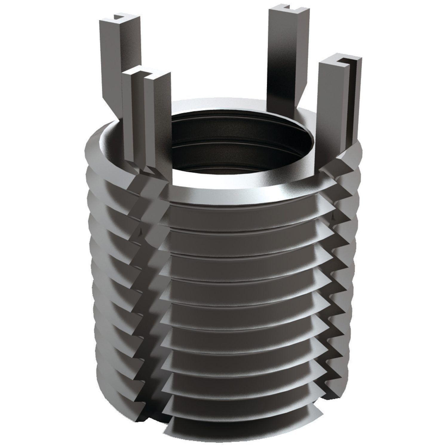 thinwall stainless steel threaded  insert in a dark silver colour